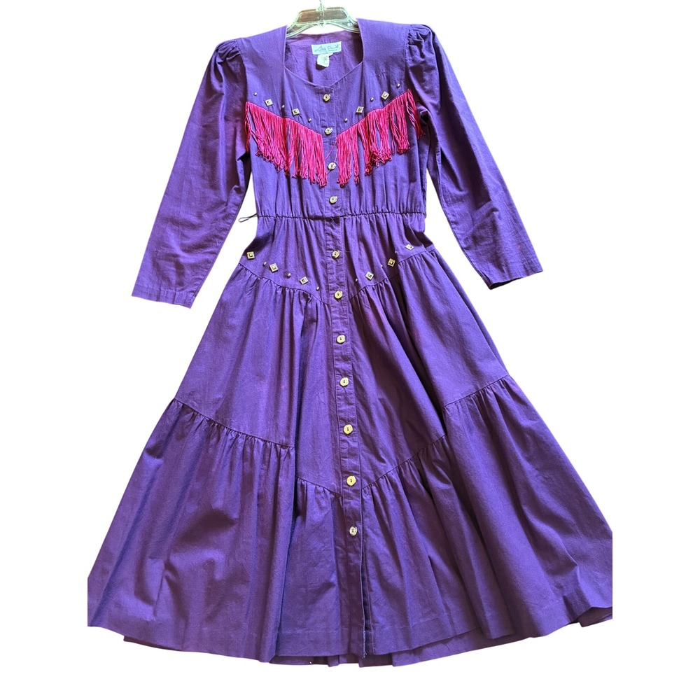 Lilia Smitty Western Midi Dress Womens Size 8 Purple Excellent Fringe Studded